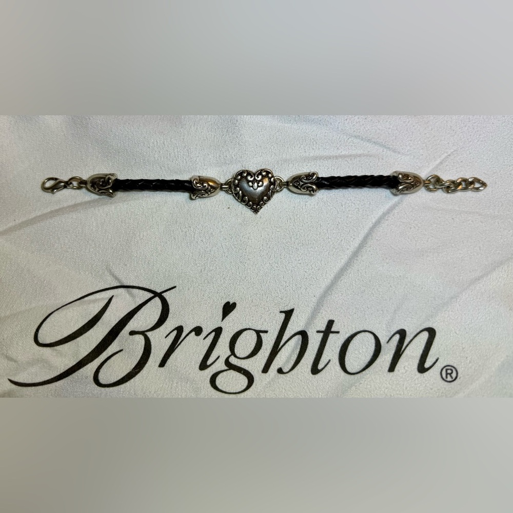 Brighton Black Braided Leather Heart Bracelet with Silver Accents